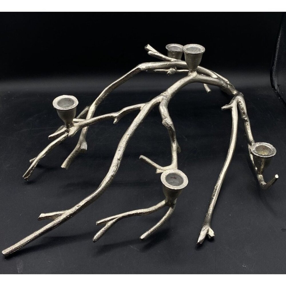 Cast Aluminum Silver Tone Metal Manzanita Branch 5 Candle Holder Centerpiece - Picture 2 of 13